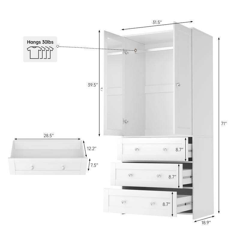 71" High Freestanding Wardrobe with 3 Drawers