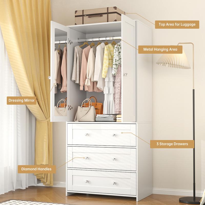 71" High Freestanding Wardrobe with 3 Drawers